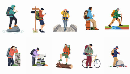 Fototapeta premium A set of diverse hikers and backpackers engaged in various outdoor activities, including trekking, map reading, and cycling, in a flat vector illustration style.