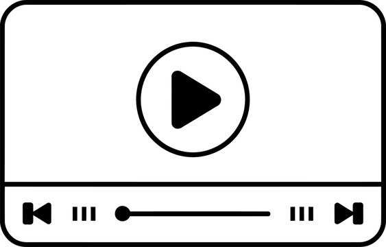 A simple black and white media player interface icon featuring a play button and progress bar on white background.