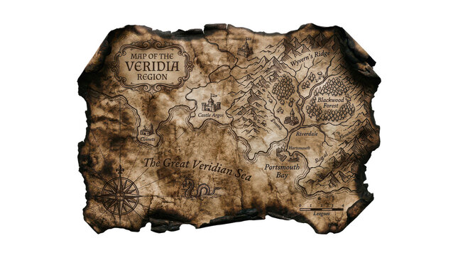 Vintage fantasy treasure map with burnt edges isolated on transparent background