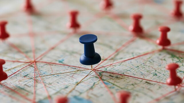 Connected Network of Red Pins on Map Linked by Red String, Central Blue Pin