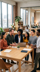 Obraz premium Diverse group of colleagues collaborating around a wooden table in a modern office, symbolizing teamwork, innovation, and success.