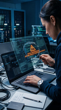 Woman analyzing code on a screen, a magnifying glass highlights a critical warning, symbolizing cybersecurity threat detection and digital investigation