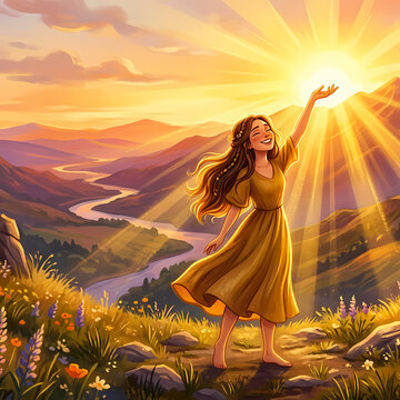 Heavenly illustration of a young woman reaching for the golden sun rays spiritual happiness 