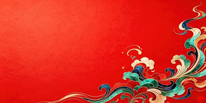 Red Textured Paper Embroidery Waves Clouds Bottom Right Corner