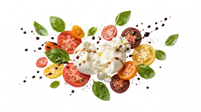 Exploded burrata cheese breaking open with creamy center splash, fresh tomatoes, basil, and balsamic glaze isolated on white background