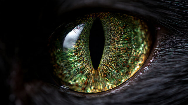 extreme macro closeup of a cat eye with textured green gold iris, detailed feline eye with radial iris pattern and vertical pupil