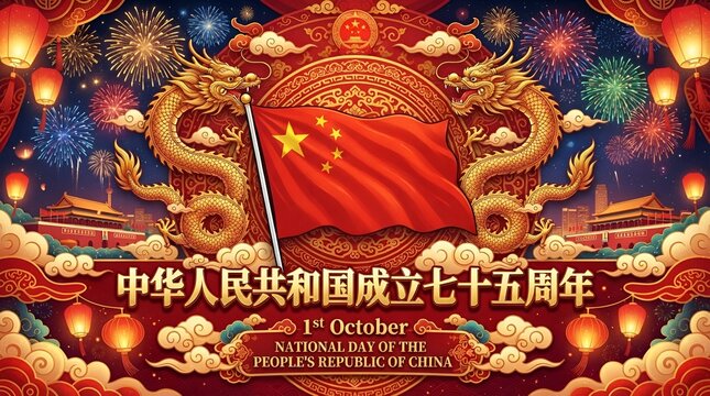 China National Day Background Template with Flag Fireworks and Golden Ornate Border