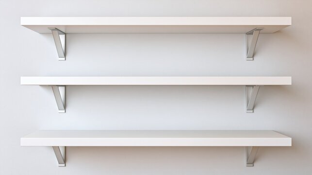 Three modern white floating shelves mounted on a clean light gray wall, ready for display