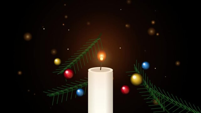 Vector burning candle flame with pine tree branches, xmas ornaments, and sparkling bokeh particles