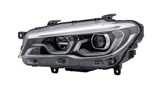 Sleek modern LED car headlight assembly featuring advanced projector lens technology and daytime running lights, premium automotive spare part for vehicle repair.