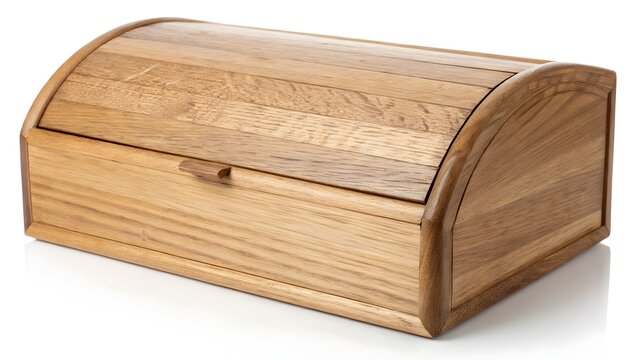 Wooden breadbox with a curved roll top lid rests on a reflective white surface.