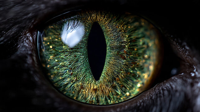 extreme macro closeup of a cat eye with textured green gold iris, detailed feline eye with radial iris pattern and vertical pupil