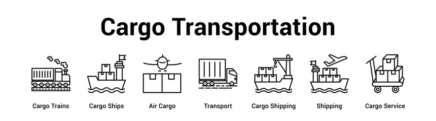 Obraz premium Cargo Transportation web banner icon vector illustration concept for Logistics & Transportation with icon of Cargo Trains, Cargo Ships, Air Cargo, Transport, Cargo Shipping, Shipping.