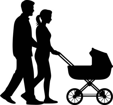 Black silhouette of a young couple walking together and pushing a baby stroller, isolated on a plain white background.