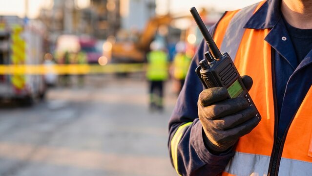 Worker in safety vest holding two-way radio at construction site with emergency vehicles in background