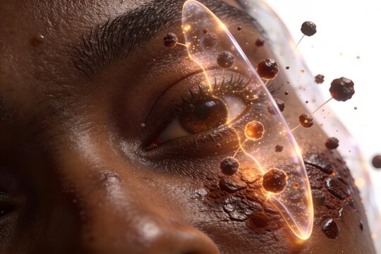 Micro particles repel off a glowing translucent barrier on dark brown skin illustrating a pollution defense skincare concept