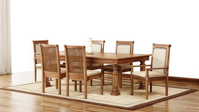 Wooden dining table with six cane-backed chairs arranged on a neutral rug with wooden flooring dining chairs