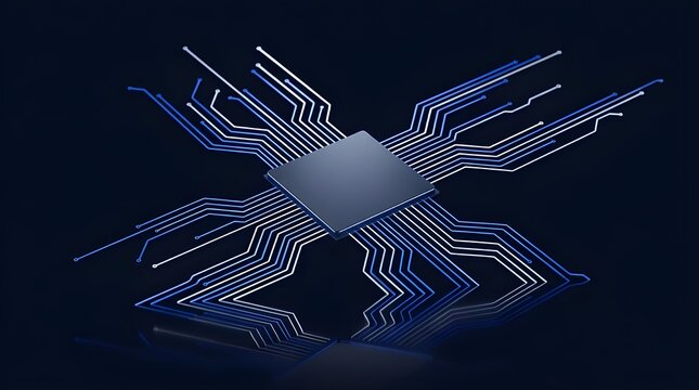 Modern computer microchip with glowing electronic circuit board pathways in blue
