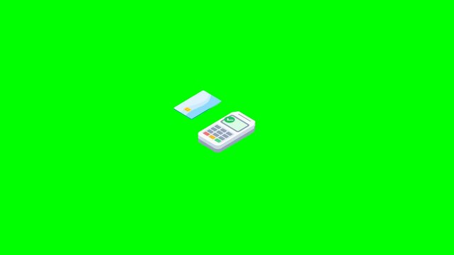 Highly accurate 3D isometric motion graphic of a POS terminal processing a contactless credit card payment, matching reference layout. Optimized for clean green screen.