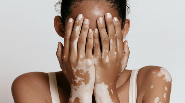 Close-up studio portrait of a young woman covering her face with both hands, irregular white vitiligo patches clearly visible across her fingers, hands, wrists and forearms against