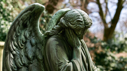 Fototapeta premium Side view of an antique angel sculpture bowing its head in grief, hand covering part of the face while detailed feathered wings and green weathered patina emphasize decades of outd