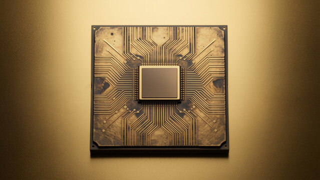 Golden Microchip on Intricate Circuit Board Displaying Advanced Digital Computing Technology
