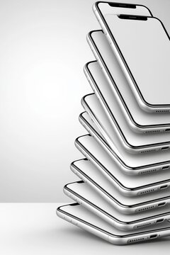 Stack of modern smartphones with blank screens, showcasing technology and digital communication