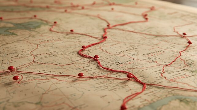 Vintage Map with Red String Connecting Destinations, Illustrating Travel Routes and Global Exploration