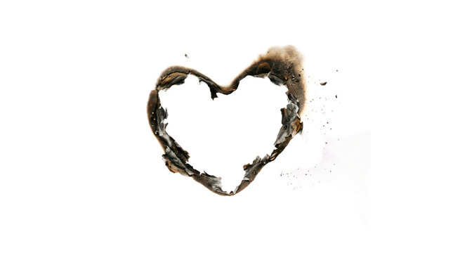 Burned heart shape hole in white paper with char ash isolated on transparent background