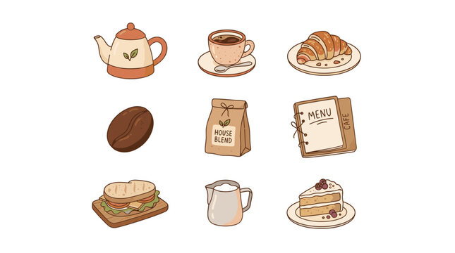 A collection of cute, hand-drawn vector icons featuring various cafe items, food, and drink staples