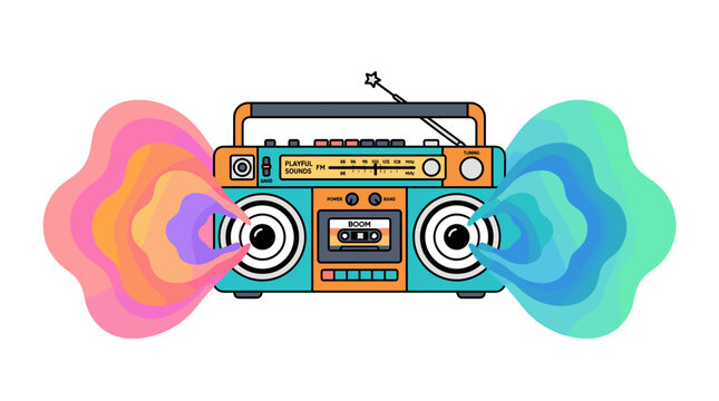 A colorful, retro portable boombox radio with stylized sound waves emitting from its loud speakers