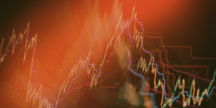 Abstract financial stock market volatility concept. Glowing red candlestick trading charts and economic data graphs background