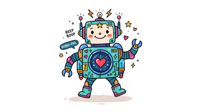 A colorful, whimsical cartoon illustration of a friendly robot character with a central glowing heart