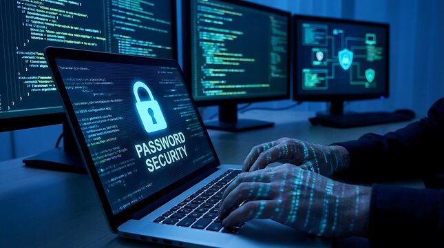 Person typing on a laptop with a password security icon on screen in a dark room with many computer monitor displays