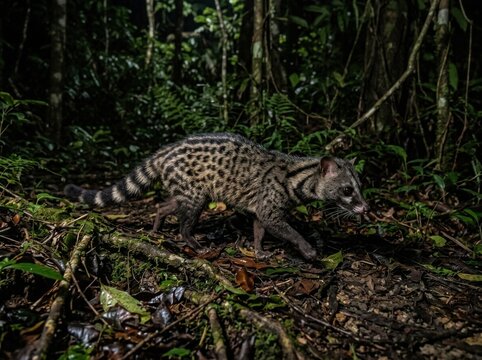Spotted civet walking through a lush tropical forest floor