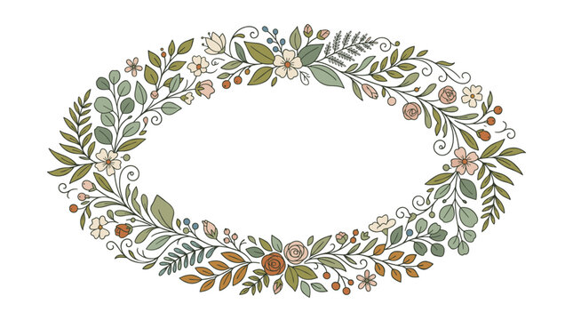 A decorative oval frame composed of hand-drawn wildflowers, lush green leaves, and colorful berries