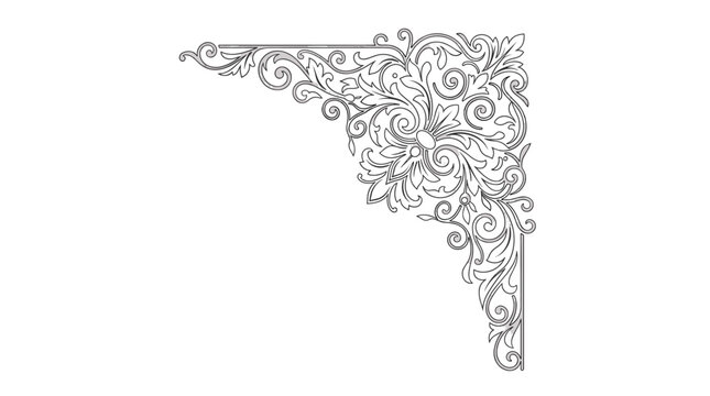 A black and white vector illustration of an ornate, symmetrical corner flourish with floral motifs
