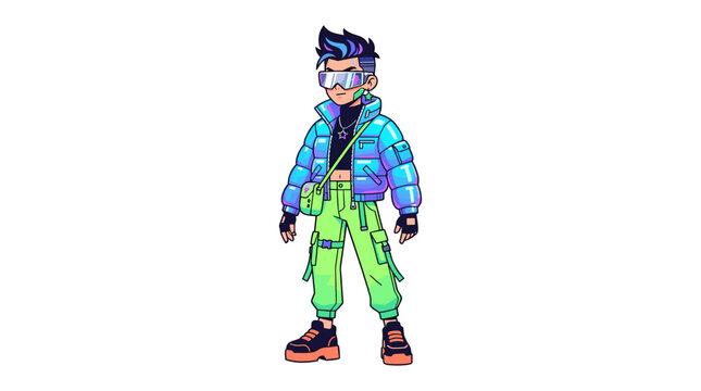 A cartoon character with spiky blue-streaked hair, neon puffer jacket, goggles, and green cargo pants