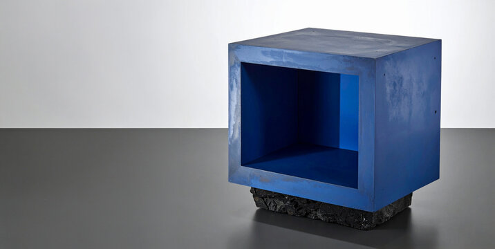 3D render product mockup display podium. Blue metal cube box container stone base stand. Studio lighting presentation template product placement product exhibition design element product showcase area
