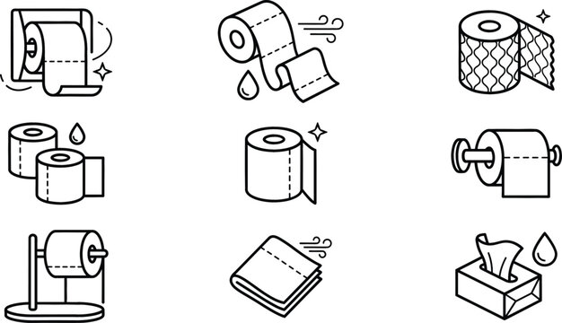 Toilet paper rolls and tissue box line art icon set featuring various hygiene bathroom and sanitary paper products