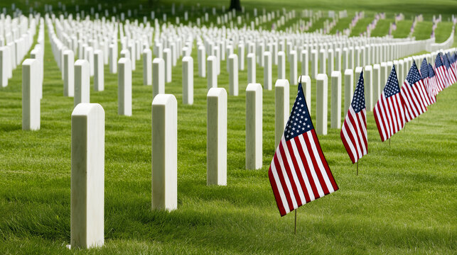 Rows of white military tombstones across a manicured green lawn with American flags placed beside the graves at a national memorial cemetery in the USA, honoring armed forces servi