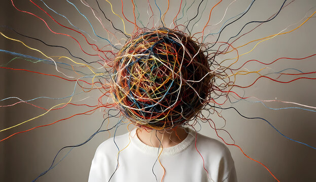 Overthinking and anxiety concept with colorful thread ball instead of head. Surreal illustration of mind confusion emotional burnout and stress pressure.