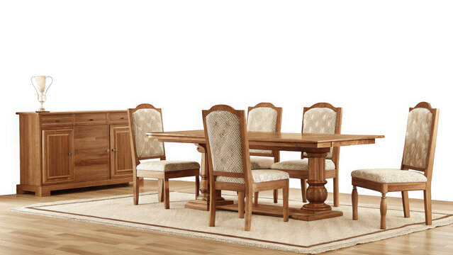 Wooden dining table with upholstered chairs and a sideboard on a rug with a trophy on white background