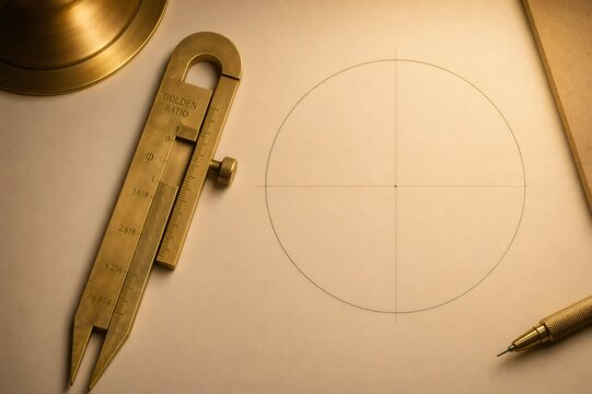 Golden ratio caliper, pencil, and a circle drawn on paper highlighting principles of design, architecture, and mathematics for creative projects and precise planning