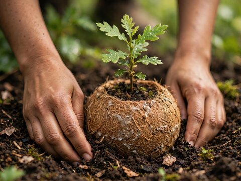 Close up of a gardener hands planting a young oak tree seedling Quercus in a biodegradable coconut coir pot into rich dark soil for reforestation and environmental conservation