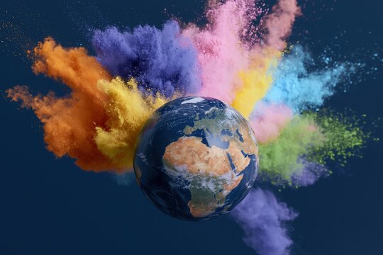 The Earth Surrounded by a Burst of Colorful Powder in Space