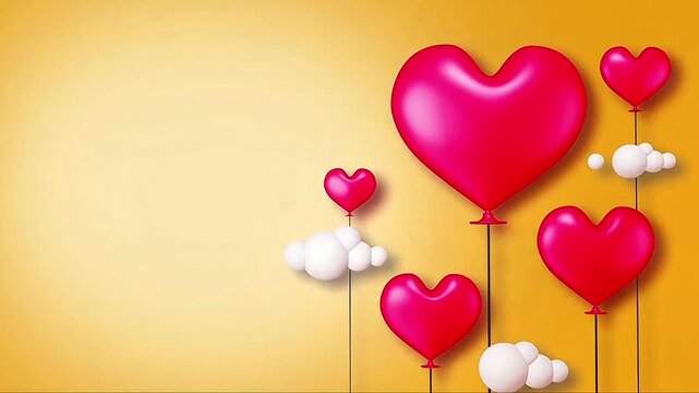 Animated 3D red heart shaped balloons rising up through soft white clouds against a clean warm yellow gradient background.