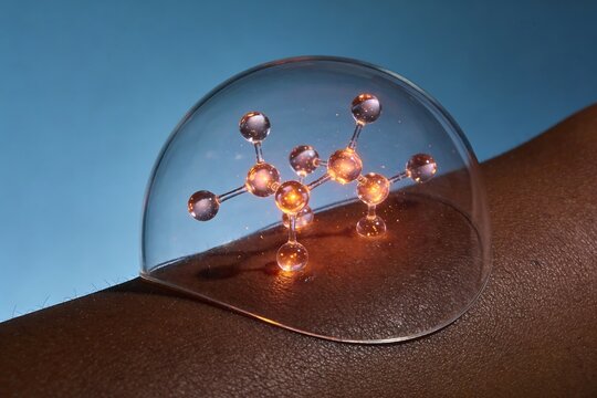 A dark skin epidermis features a glowing molecular barrier shield illustrating advanced cosmetic dermatology protection concept