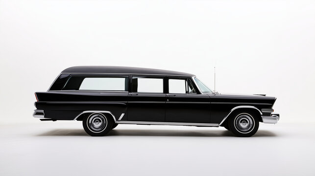 a vintage black hearse featuring a long formal silhouette, dark rear roof and chrome trim photographed in studio isolation on a bright seamless background, classi