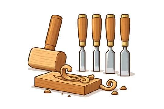 Wooden mallets and chisels creating intricate designs on a block of wood, embodying craftsmanship, traditional carpentry, and manual skill with wood shavings